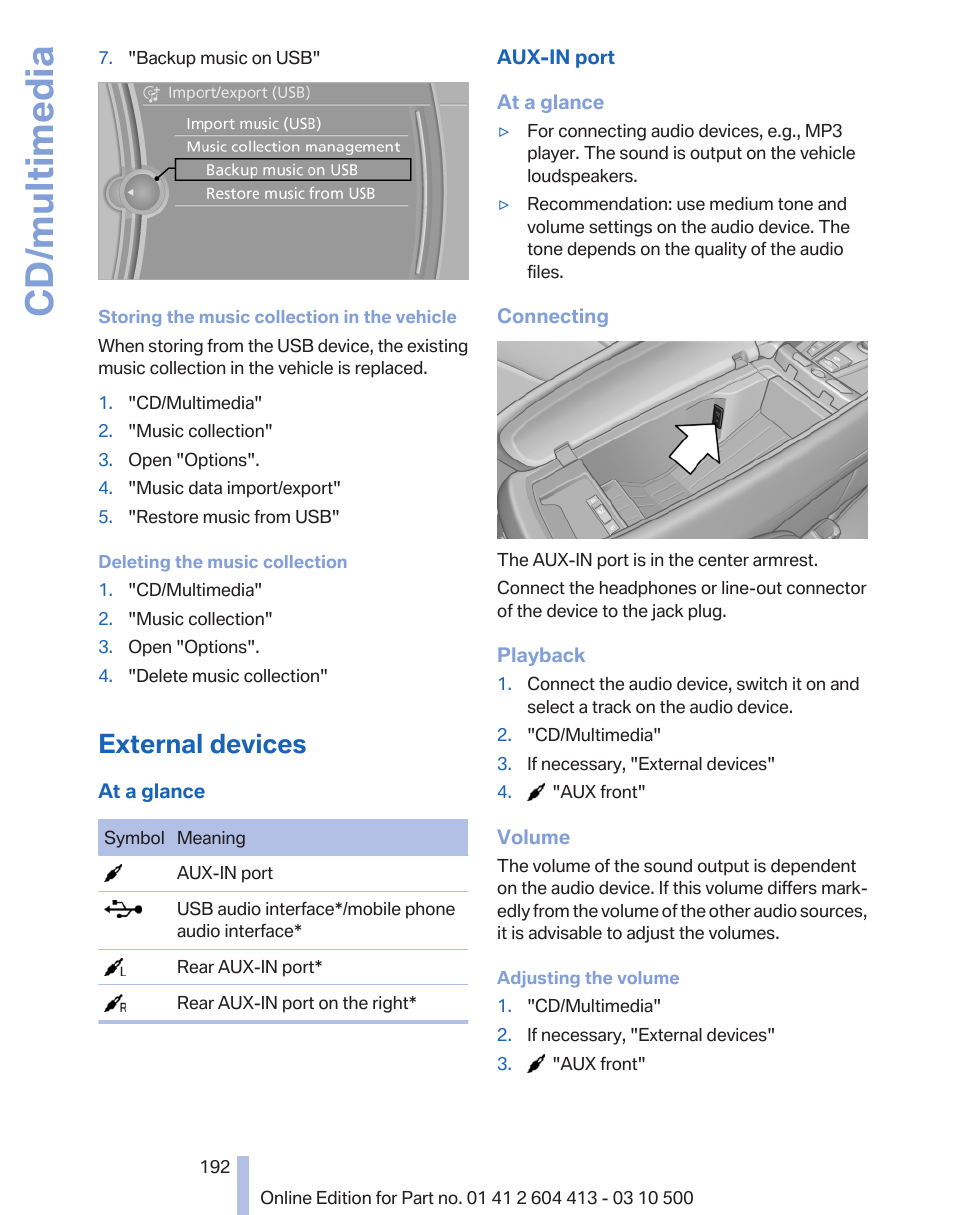 External devices, Cd/multimedia | BMW 550i xDrive Gran Turismo 2010 User Manual | Page 192 / 277