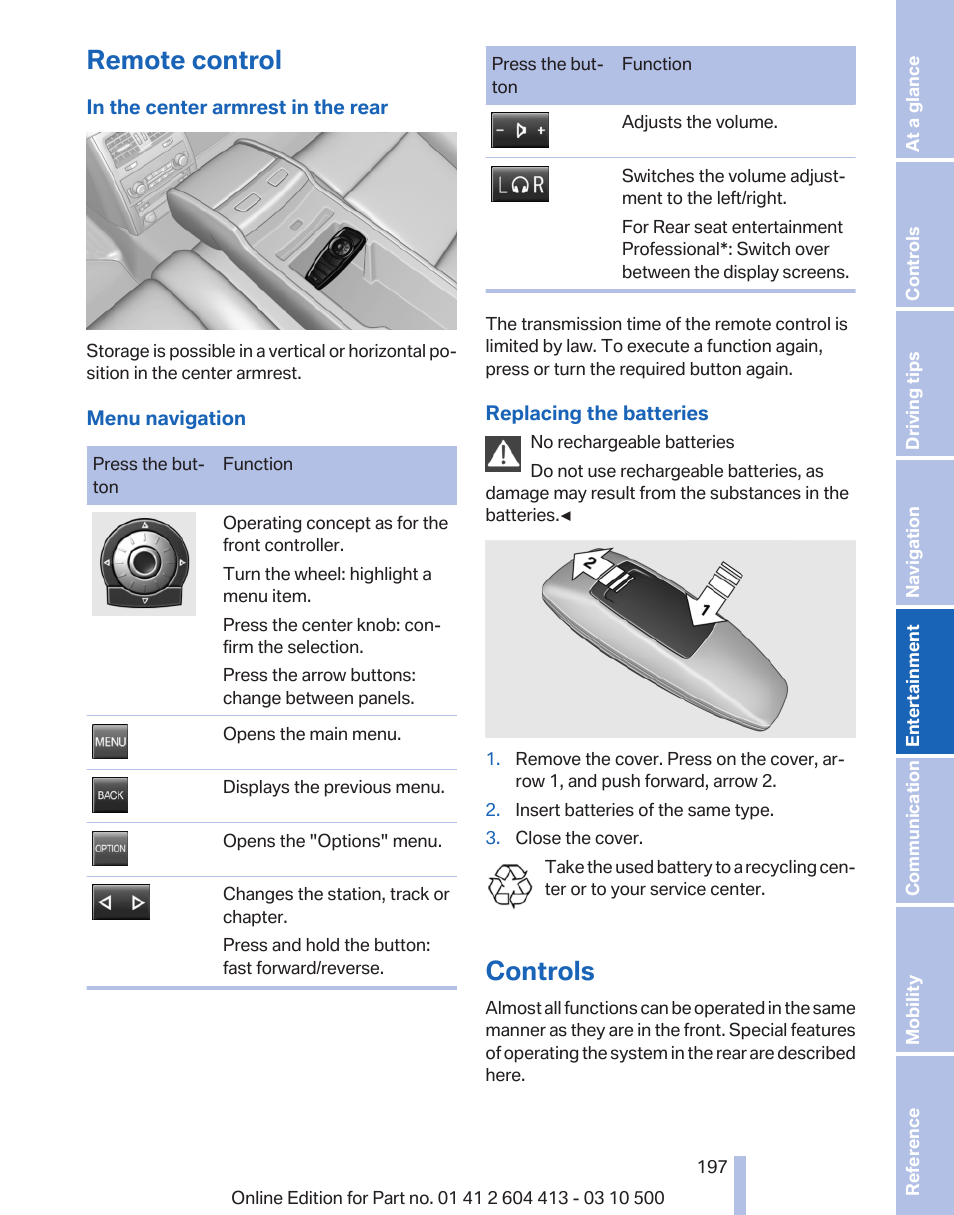 Remote control, Controls | BMW 550i xDrive Gran Turismo 2010 User Manual | Page 197 / 277