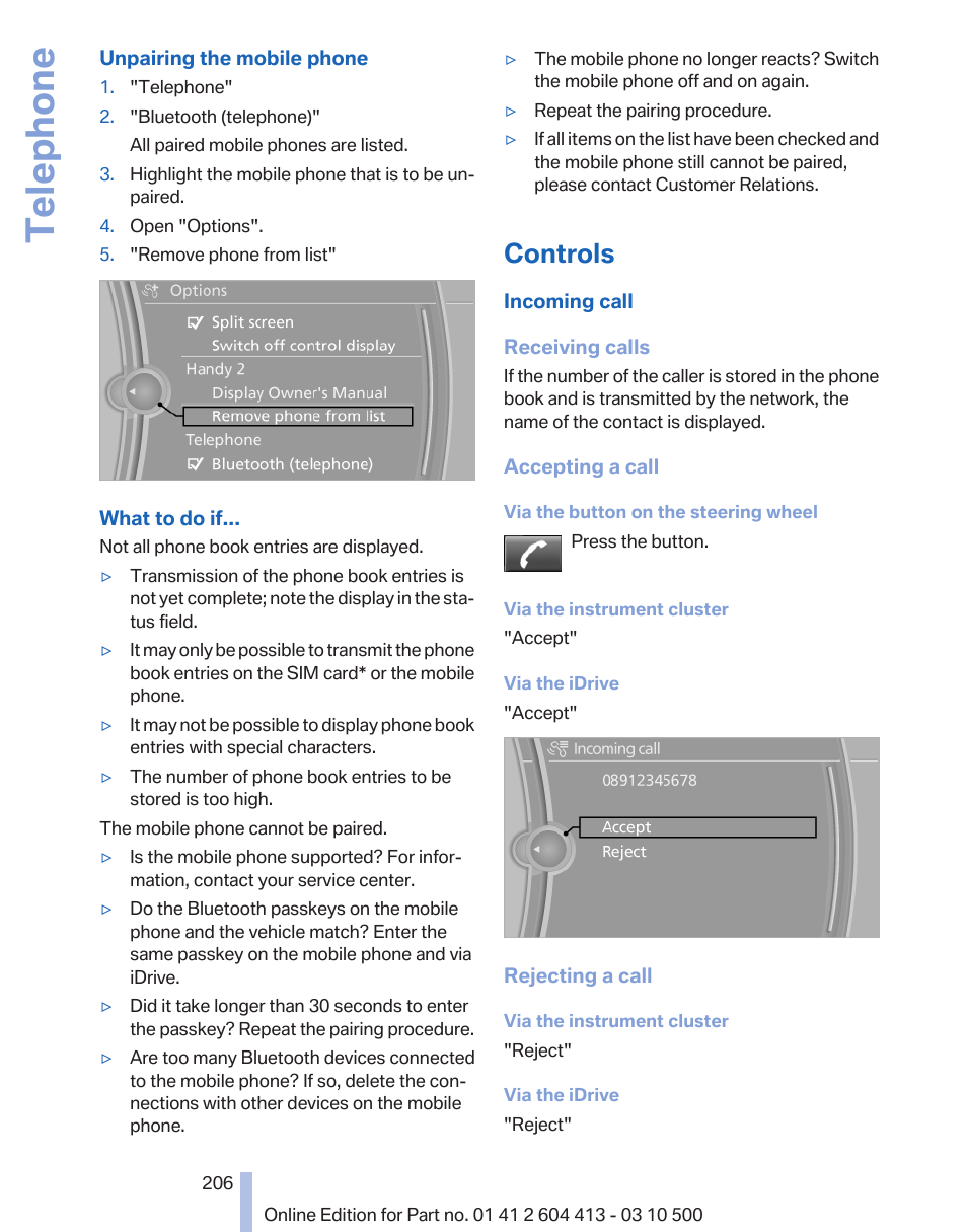 Controls, What to do if, refer, Telephone | BMW 550i xDrive Gran Turismo 2010 User Manual | Page 206 / 277