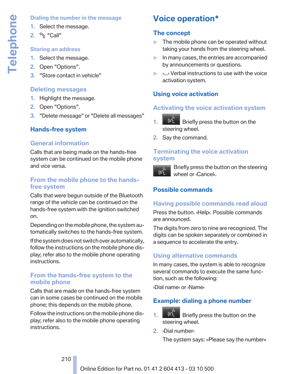 Voice operation, Telephone | BMW 550i xDrive Gran Turismo 2010 User Manual | Page 210 / 277