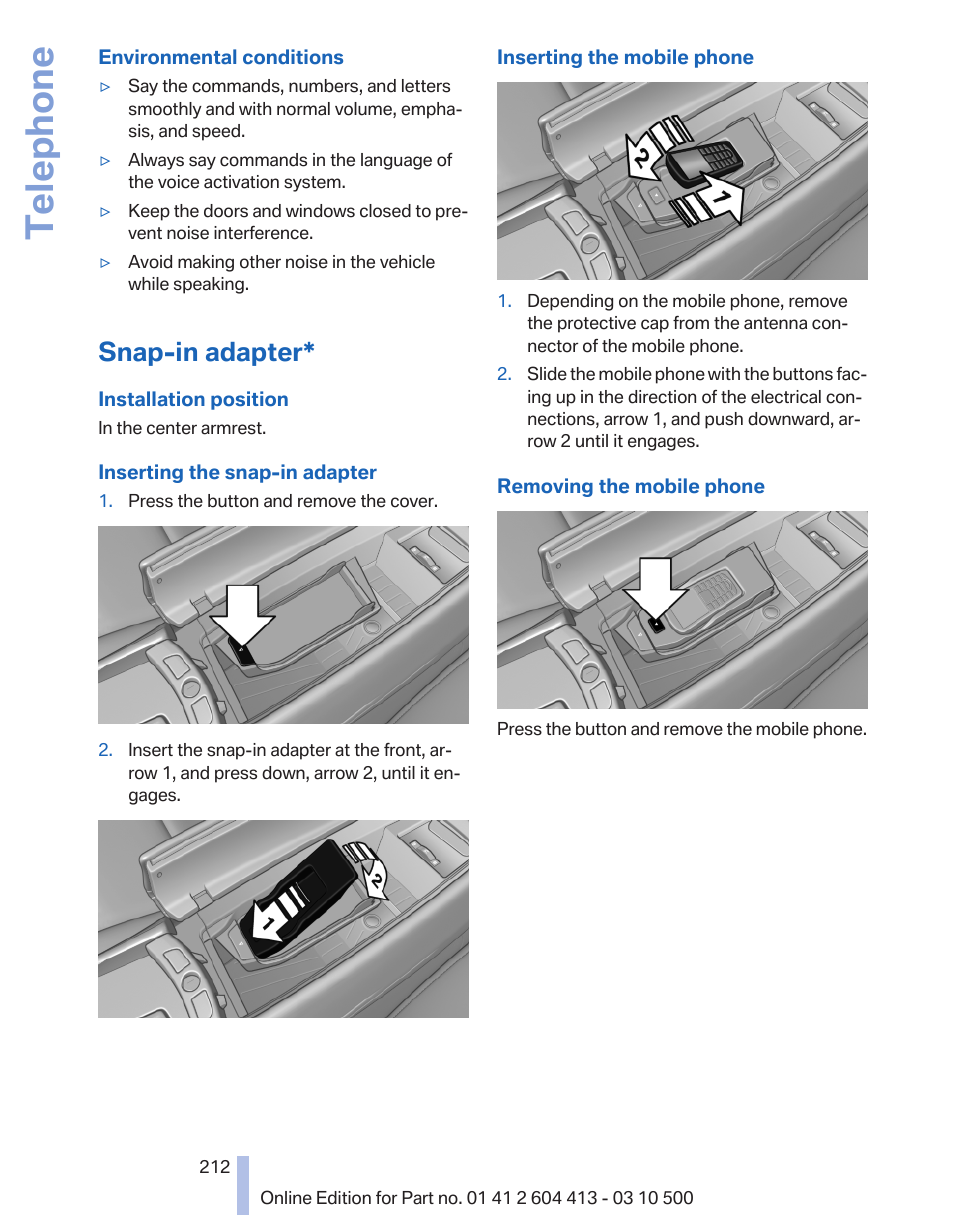 Snap-in adapter, Telephone | BMW 550i xDrive Gran Turismo 2010 User Manual | Page 212 / 277