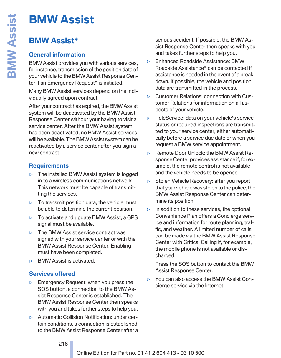 Bmw assist, Bmw assist in the | BMW 550i xDrive Gran Turismo 2010 User Manual | Page 216 / 277