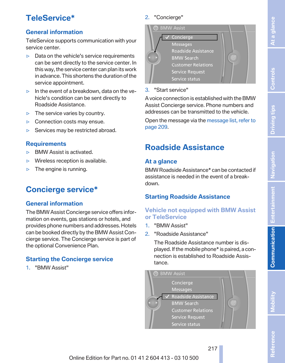 Teleservice, Concierge service, Roadside assistance | Message from the concierge service, refer | BMW 550i xDrive Gran Turismo 2010 User Manual | Page 217 / 277