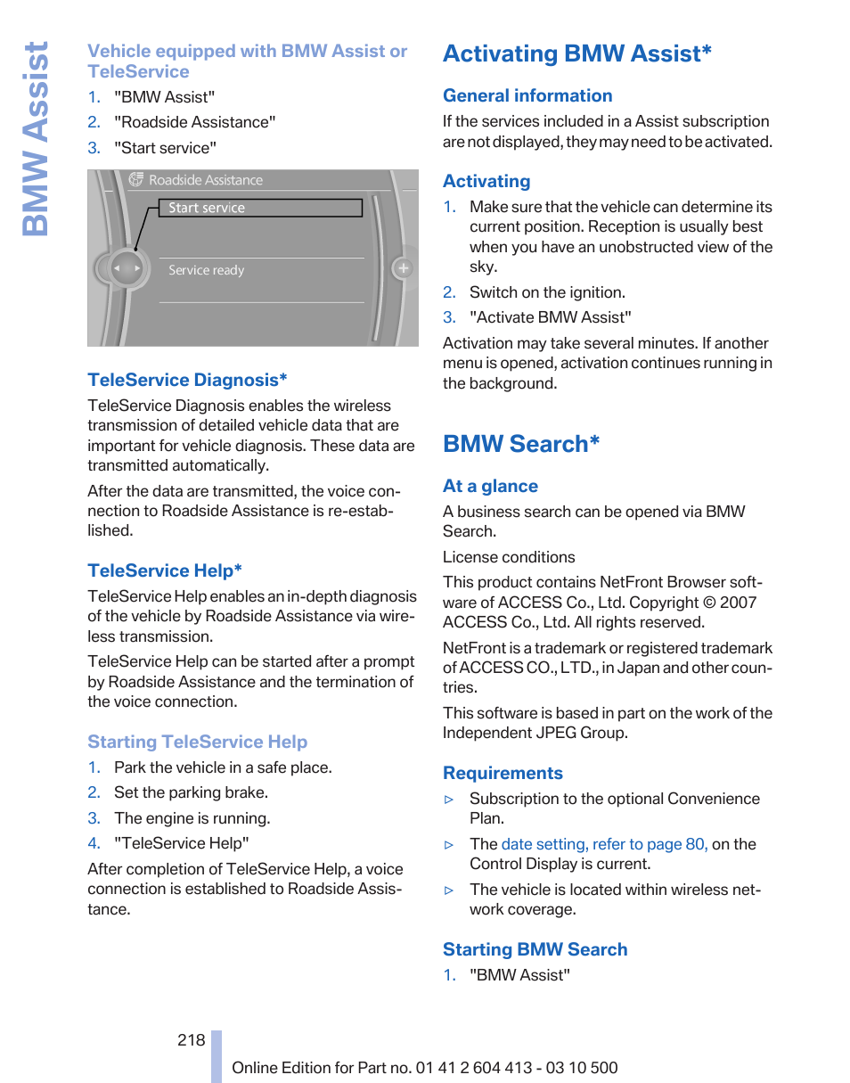 Activating bmw assist, Bmw search, Bmw assist | BMW 550i xDrive Gran Turismo 2010 User Manual | Page 218 / 277