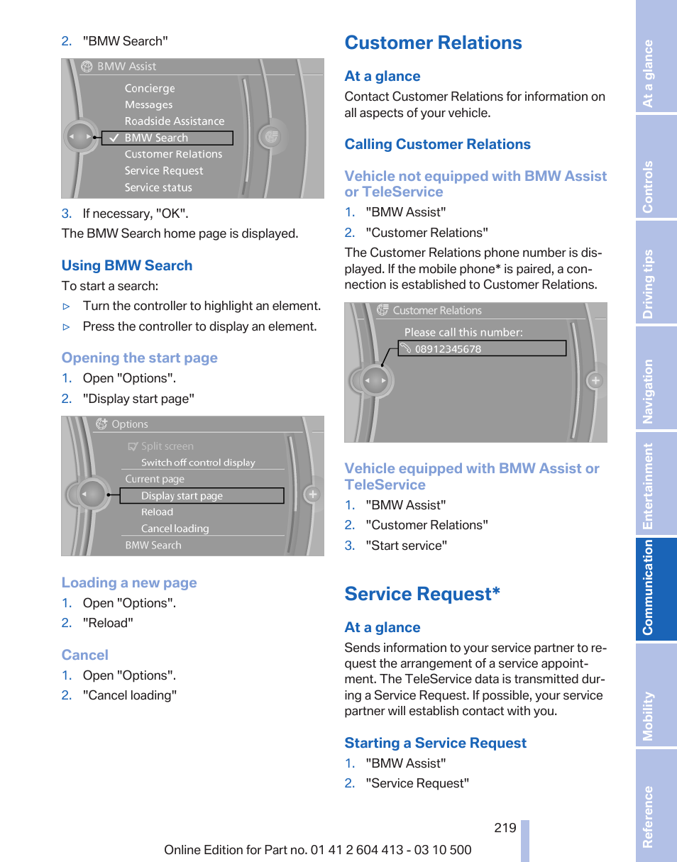 Customer relations, Service request | BMW 550i xDrive Gran Turismo 2010 User Manual | Page 219 / 277