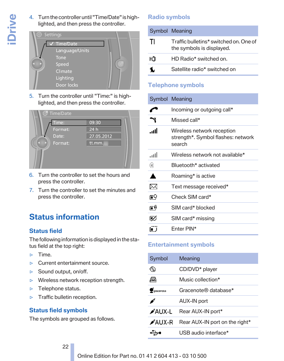 Status information, Idrive | BMW 550i xDrive Gran Turismo 2010 User Manual | Page 22 / 277