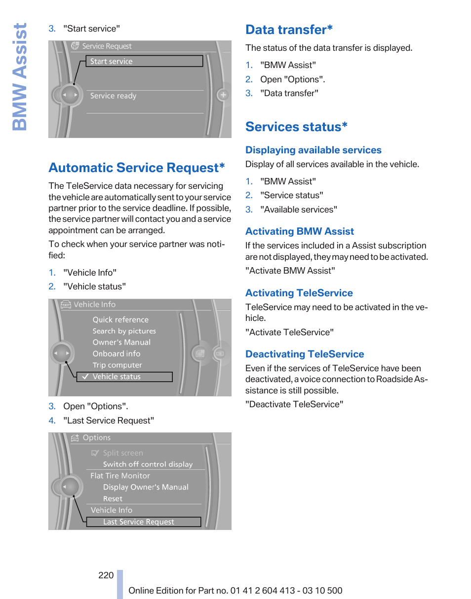 Automatic service request, Data transfer, Services status | Bmw assist | BMW 550i xDrive Gran Turismo 2010 User Manual | Page 220 / 277