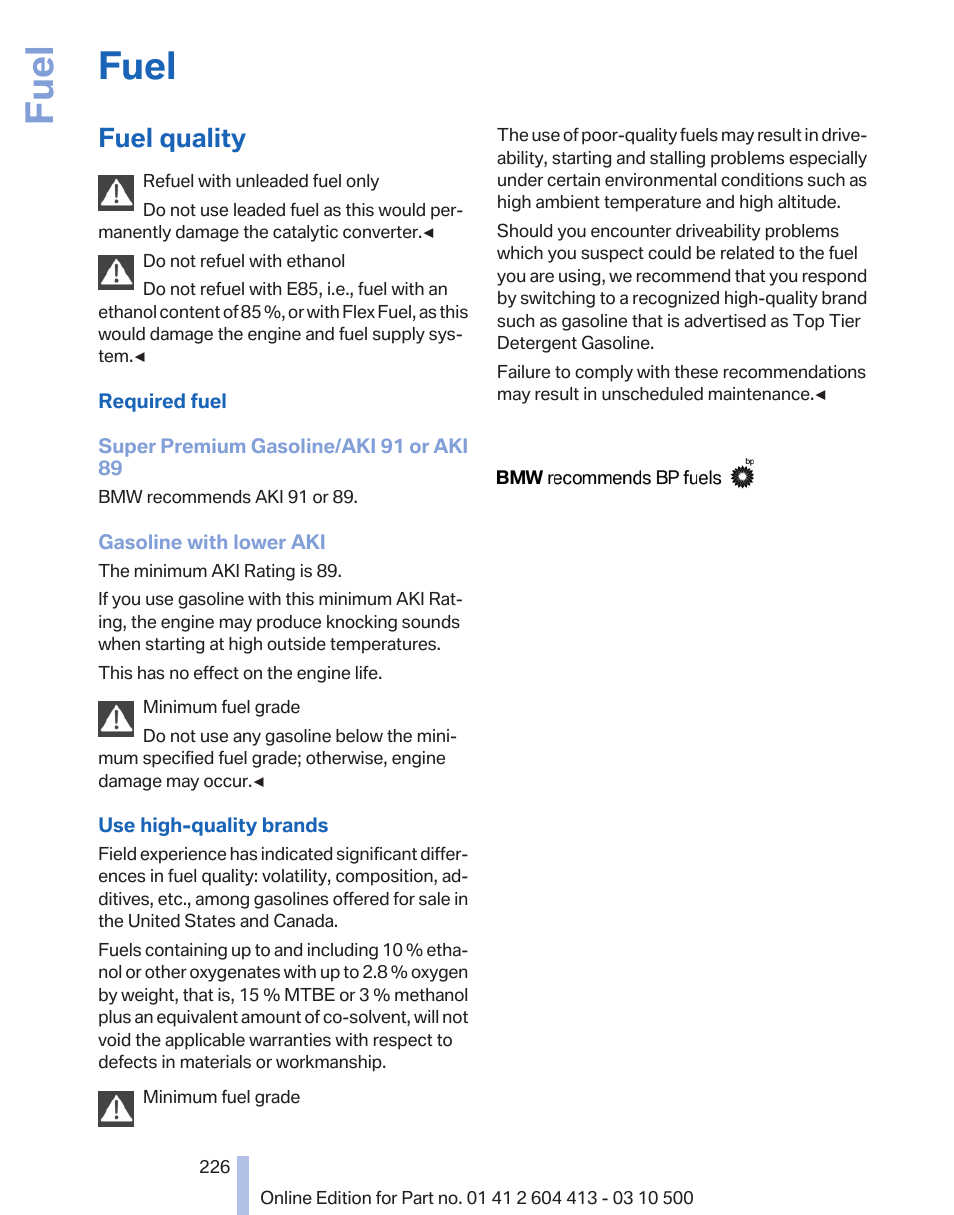 Fuel, Fuel quality | BMW 550i xDrive Gran Turismo 2010 User Manual | Page 226 / 277