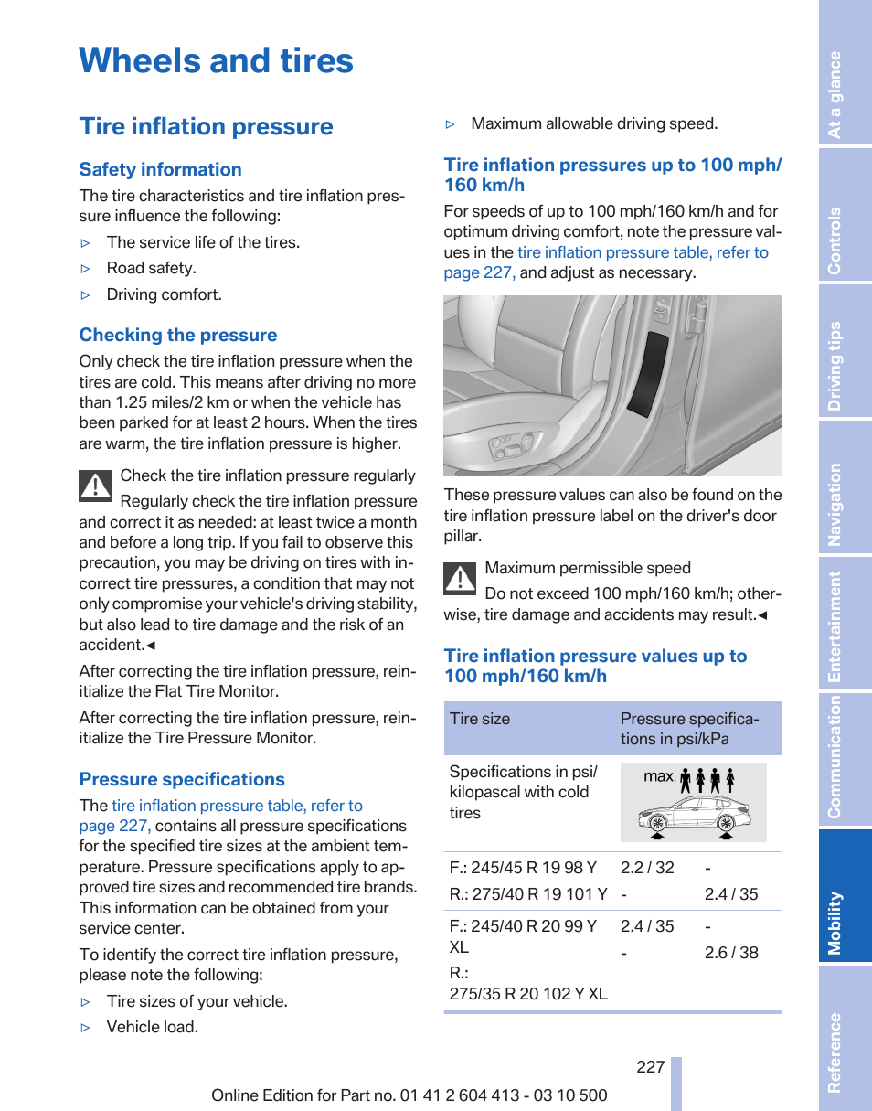 Wheels and tires, Tire inflation pressure, Tire inflation | BMW 550i xDrive Gran Turismo 2010 User Manual | Page 227 / 277