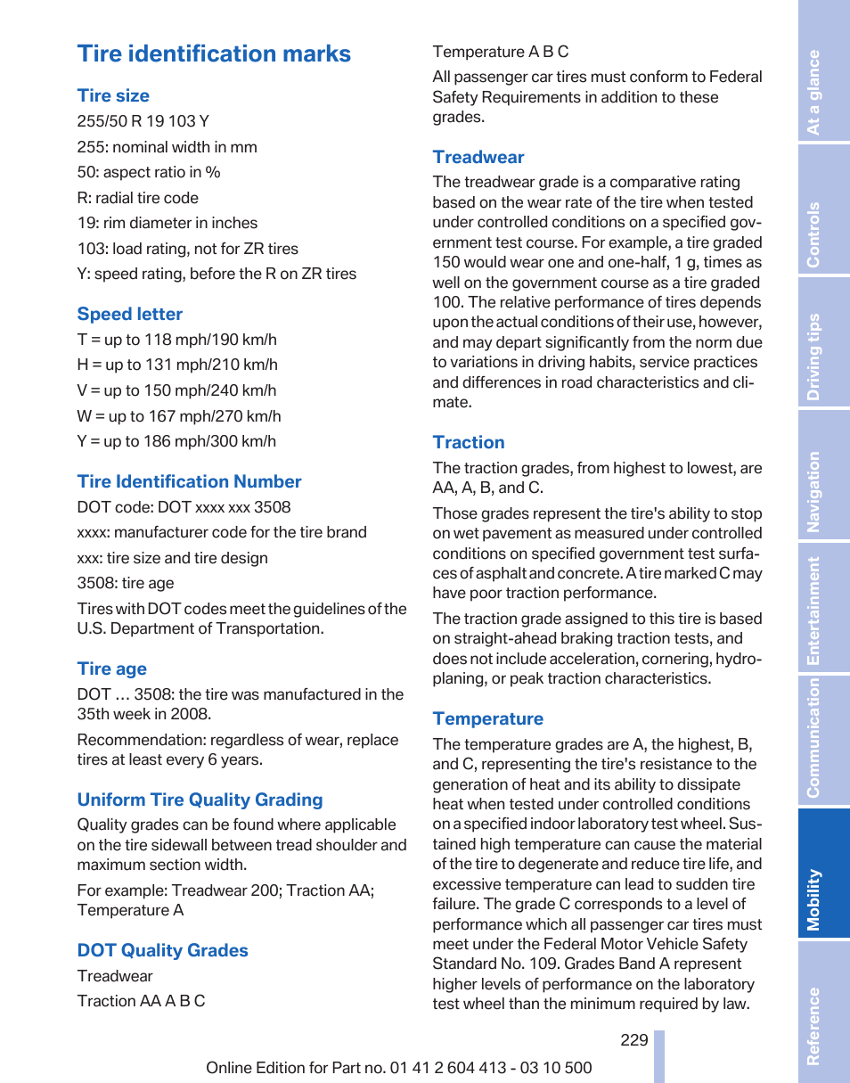 Tire identification marks | BMW 550i xDrive Gran Turismo 2010 User Manual | Page 229 / 277