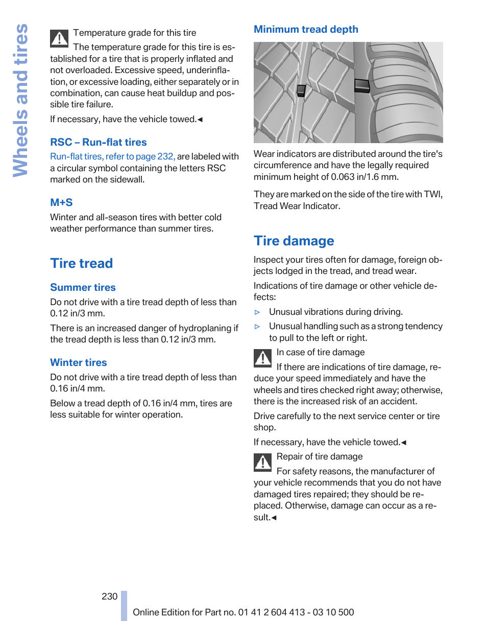 Tire tread, Tire damage, Wheels and tires | BMW 550i xDrive Gran Turismo 2010 User Manual | Page 230 / 277