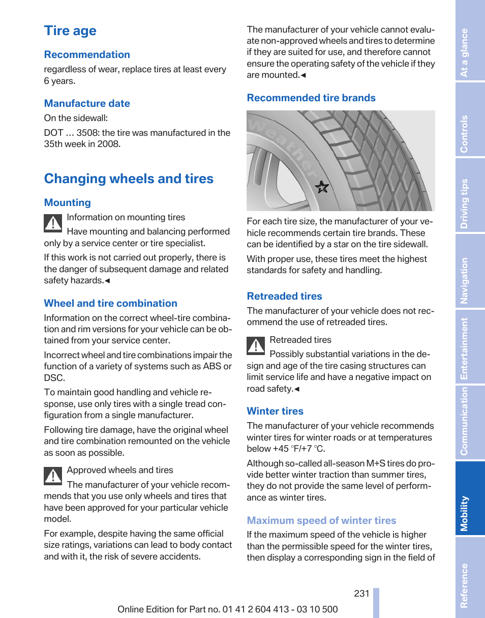 Tire age, Changing wheels and tires | BMW 550i xDrive Gran Turismo 2010 User Manual | Page 231 / 277