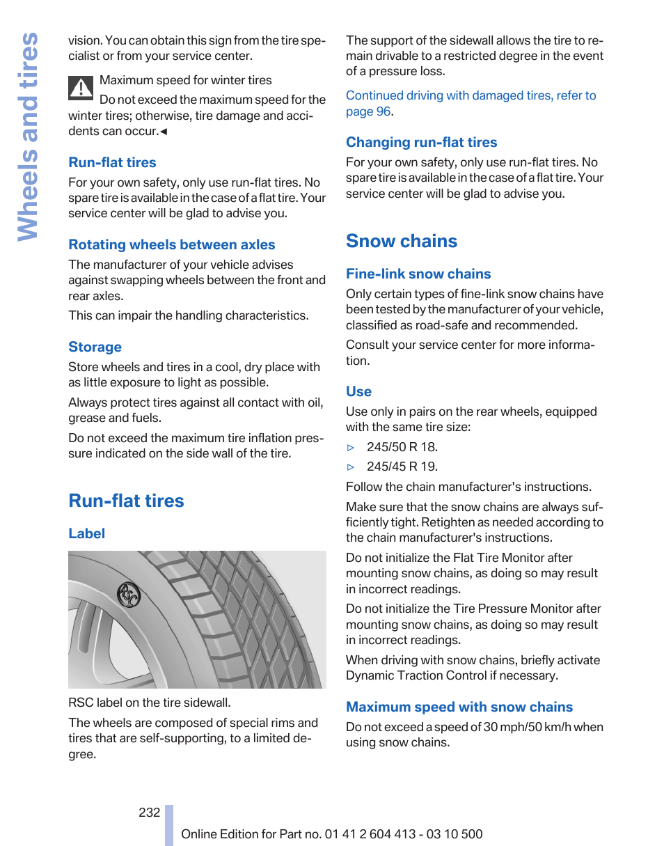 Run-flat tires, Snow chains, Wheels and tires | BMW 550i xDrive Gran Turismo 2010 User Manual | Page 232 / 277