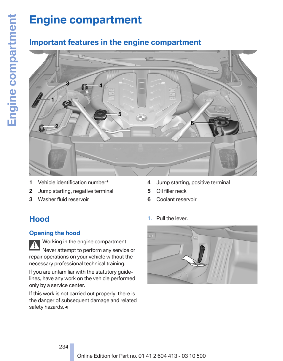 Engine compartment, Important features in the engine compartment, Hood | BMW 550i xDrive Gran Turismo 2010 User Manual | Page 234 / 277