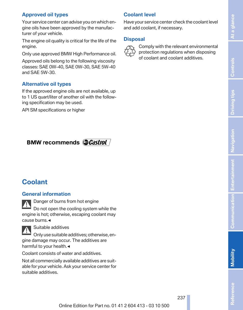 Coolant | BMW 550i xDrive Gran Turismo 2010 User Manual | Page 237 / 277