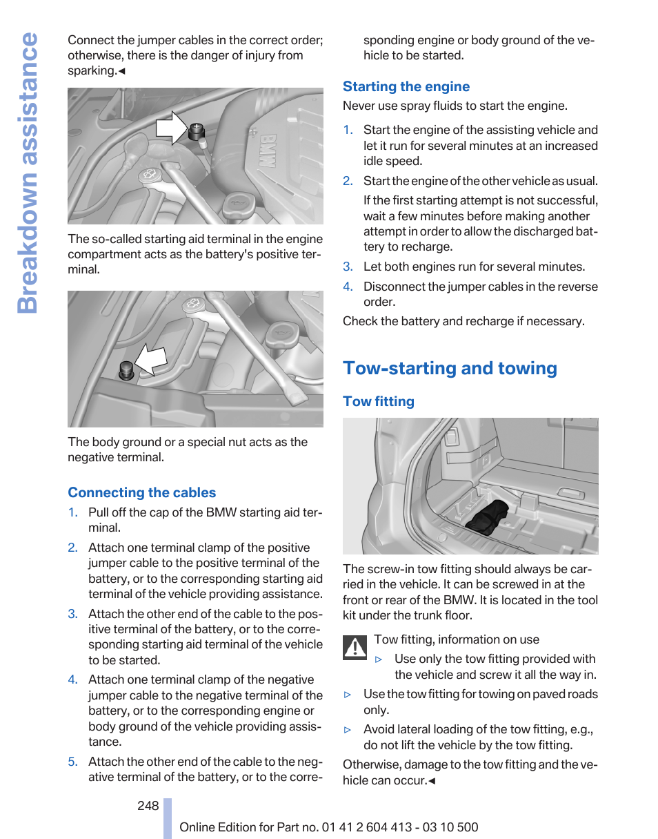 Tow-starting and towing, Breakdown assistance | BMW 550i xDrive Gran Turismo 2010 User Manual | Page 248 / 277