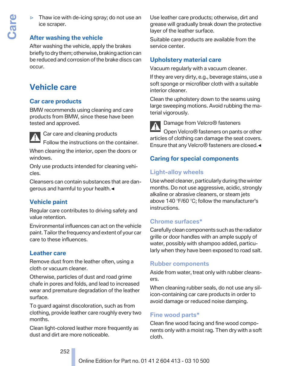 Vehicle care, Care | BMW 550i xDrive Gran Turismo 2010 User Manual | Page 252 / 277