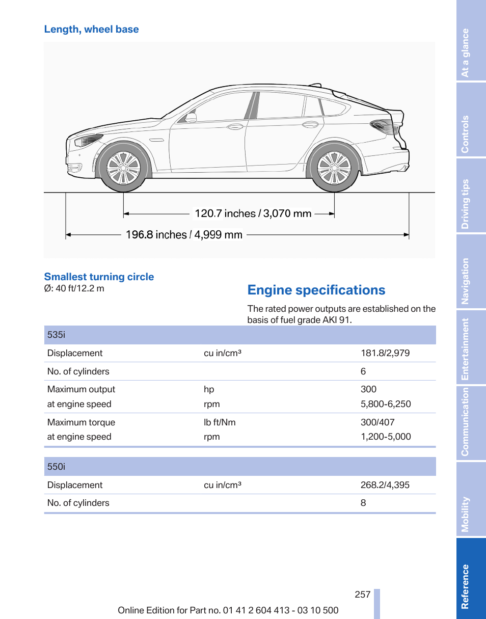 Engine specifications | BMW 550i xDrive Gran Turismo 2010 User Manual | Page 257 / 277