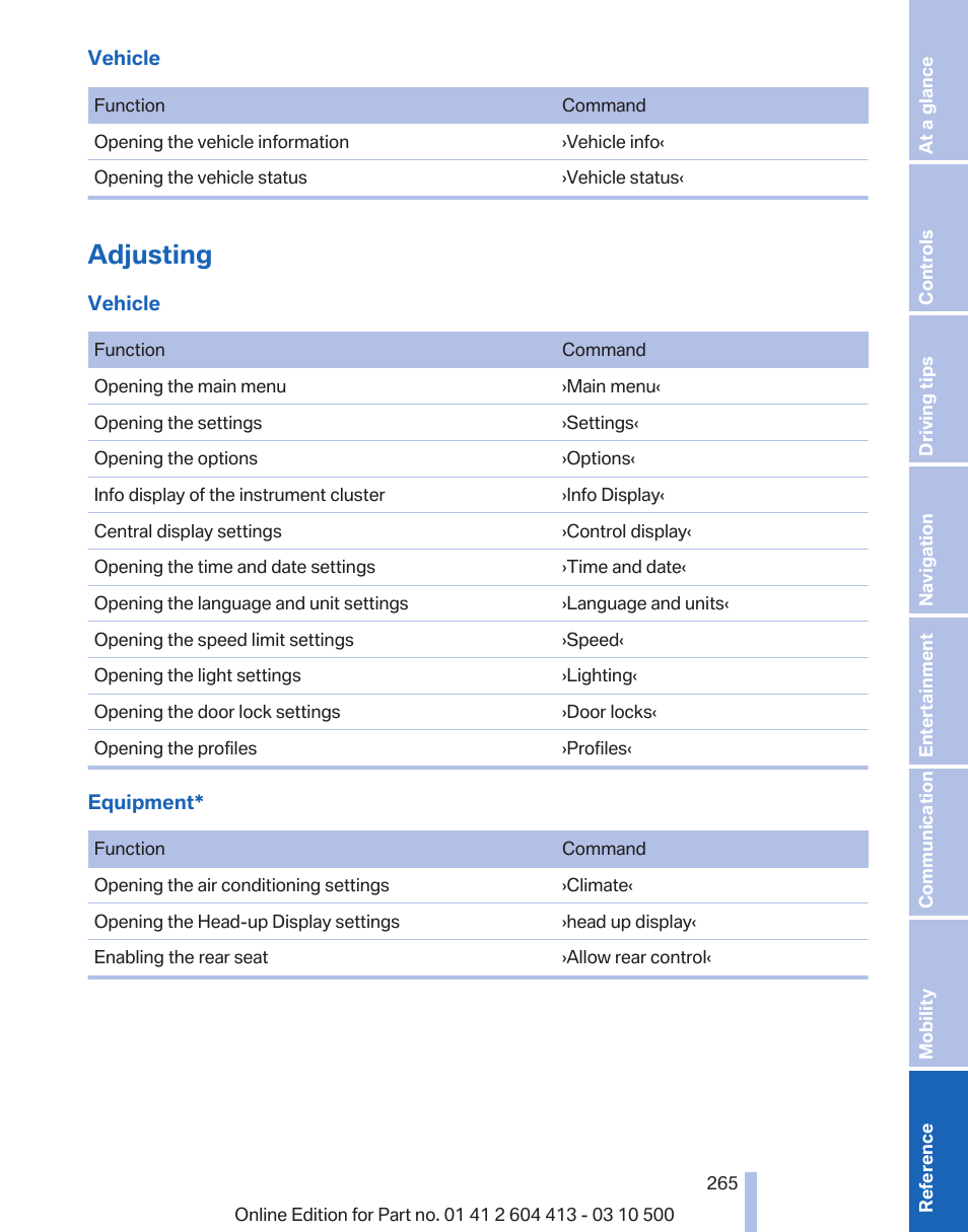 Adjusting | BMW 550i xDrive Gran Turismo 2010 User Manual | Page 265 / 277