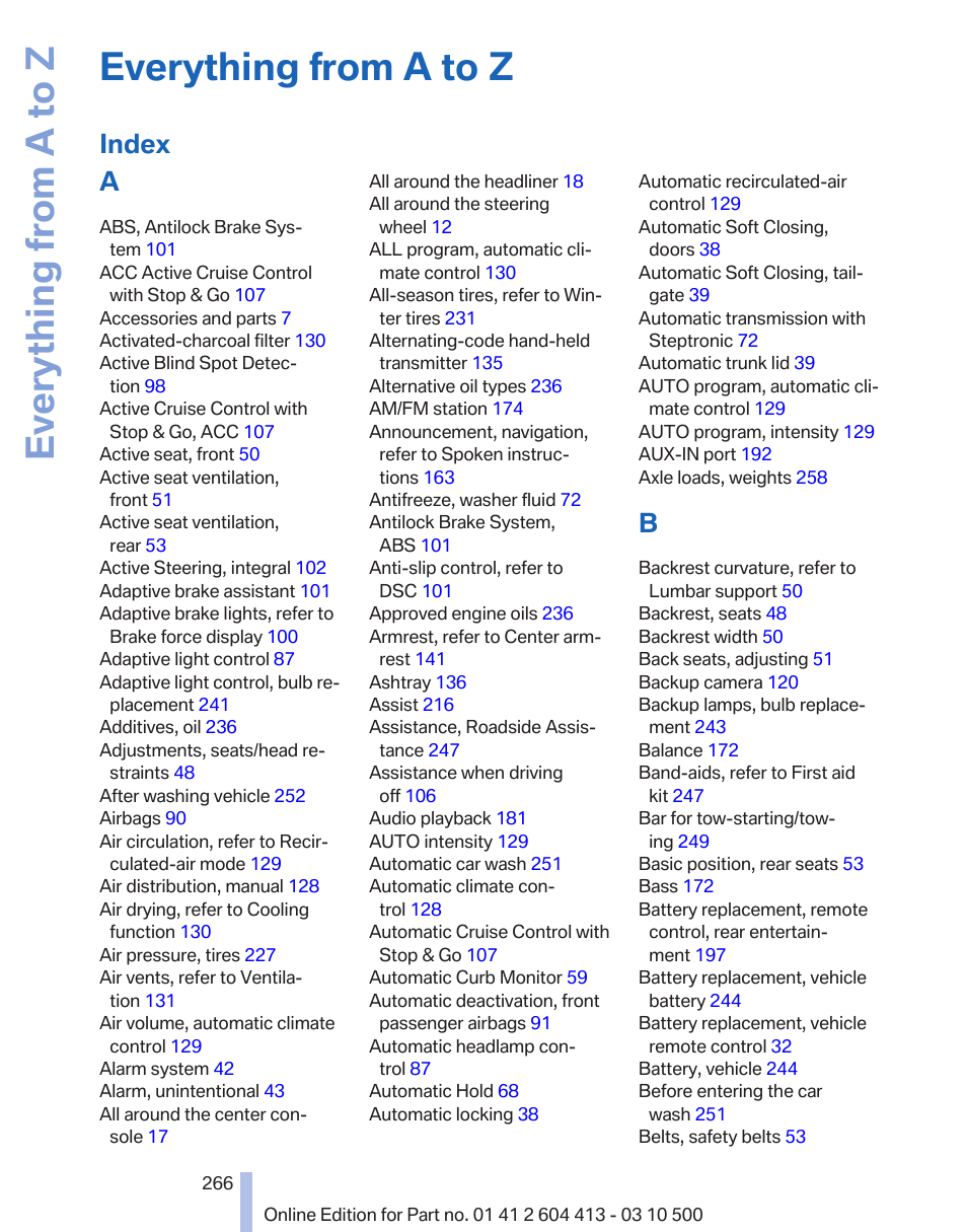 Ular topic or item is by using the, Index, refer to, Everything from a to z | Index a | BMW 550i xDrive Gran Turismo 2010 User Manual | Page 266 / 277