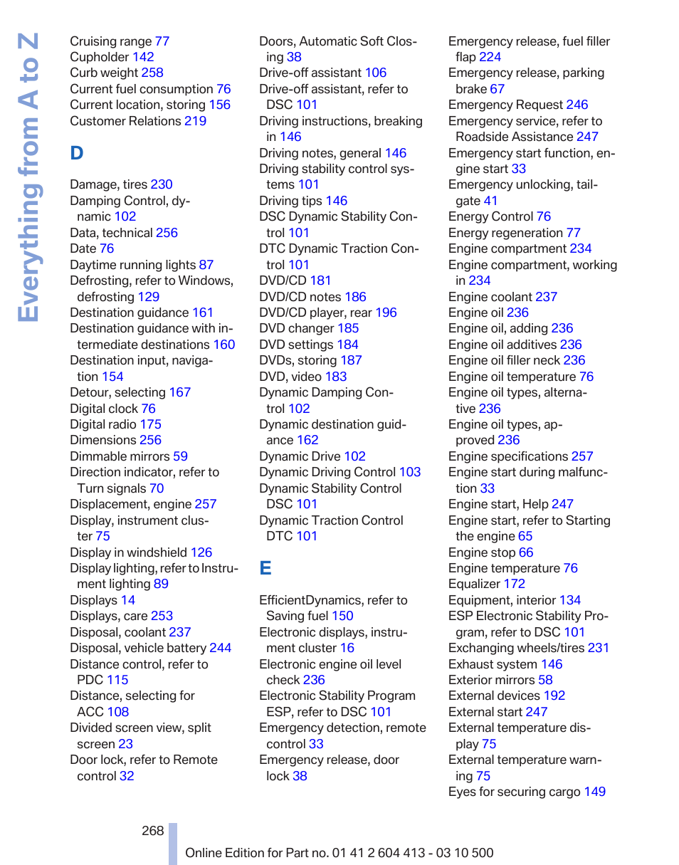 Everything from a to z | BMW 550i xDrive Gran Turismo 2010 User Manual | Page 268 / 277