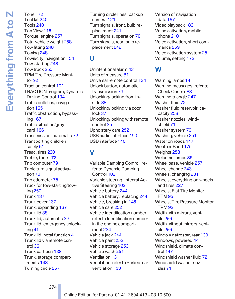 Everything from a to z | BMW 550i xDrive Gran Turismo 2010 User Manual | Page 274 / 277