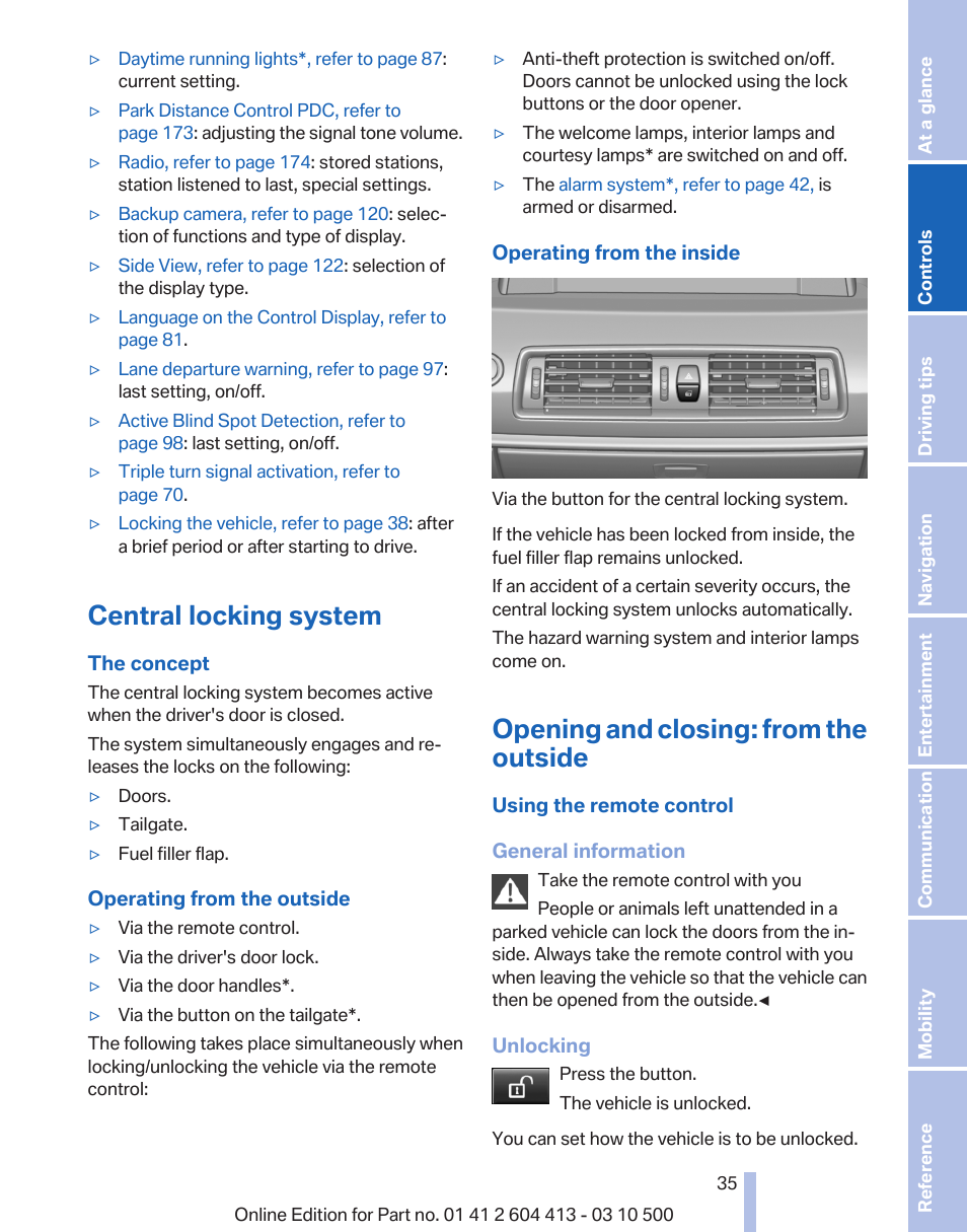 Central locking system, Opening and closing: from the outside | BMW 550i xDrive Gran Turismo 2010 User Manual | Page 35 / 277