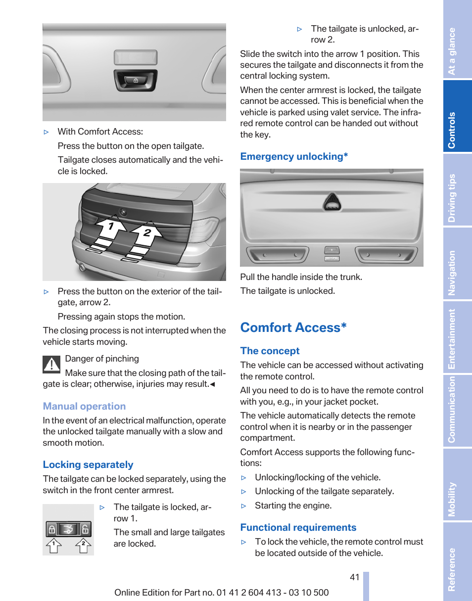 Comfort access, Switch for | BMW 550i xDrive Gran Turismo 2010 User Manual | Page 41 / 277