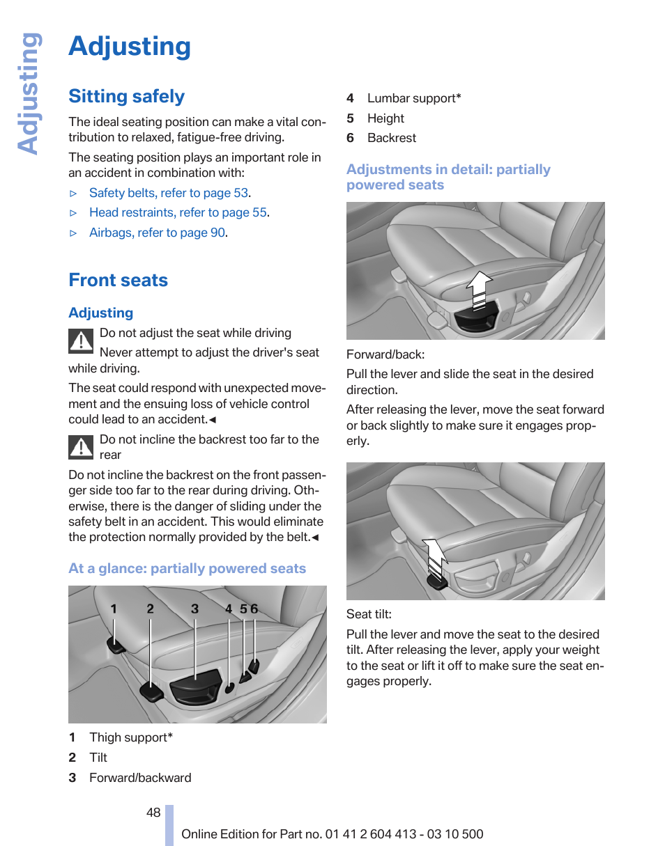 Adjusting, Sitting safely, Front seats | BMW 550i xDrive Gran Turismo 2010 User Manual | Page 48 / 277