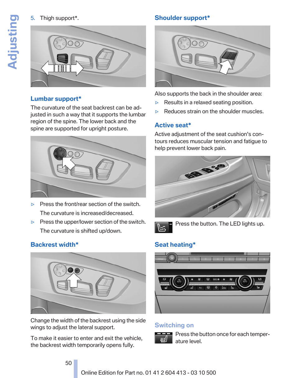 Active seat* 50, Adjusting | BMW 550i xDrive Gran Turismo 2010 User Manual | Page 50 / 277