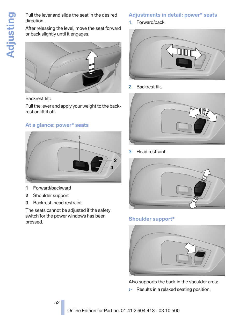 Adjusting | BMW 550i xDrive Gran Turismo 2010 User Manual | Page 52 / 277