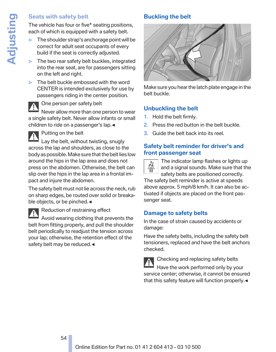 Adjusting | BMW 550i xDrive Gran Turismo 2010 User Manual | Page 54 / 277