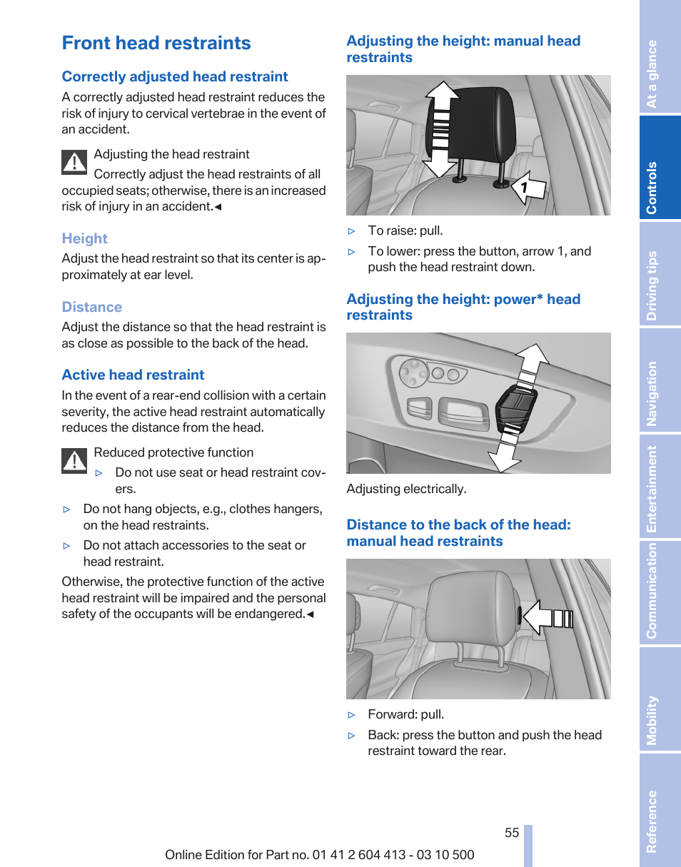 Front head restraints | BMW 550i xDrive Gran Turismo 2010 User Manual | Page 55 / 277