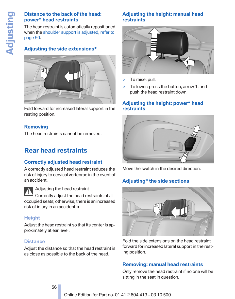 Rear head restraints, Adjusting | BMW 550i xDrive Gran Turismo 2010 User Manual | Page 56 / 277