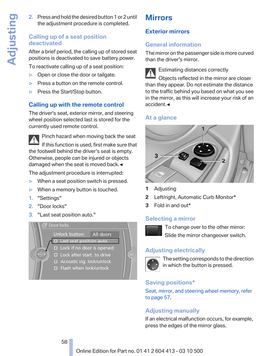 Mirrors, Exterior mirror operation 58, Adjusting | BMW 550i xDrive Gran Turismo 2010 User Manual | Page 58 / 277