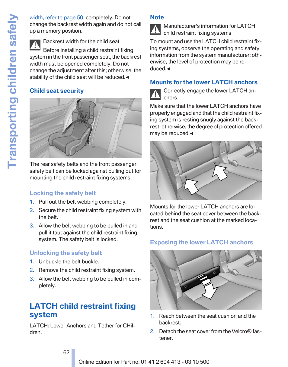 Latch child restraint fixing system, Transporting children safely | BMW 550i xDrive Gran Turismo 2010 User Manual | Page 62 / 277