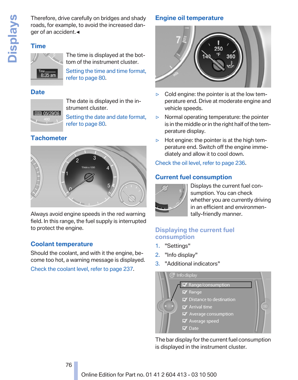 Tachometer 76, Engine oil temperature 76, Displays | BMW 550i xDrive Gran Turismo 2010 User Manual | Page 76 / 277