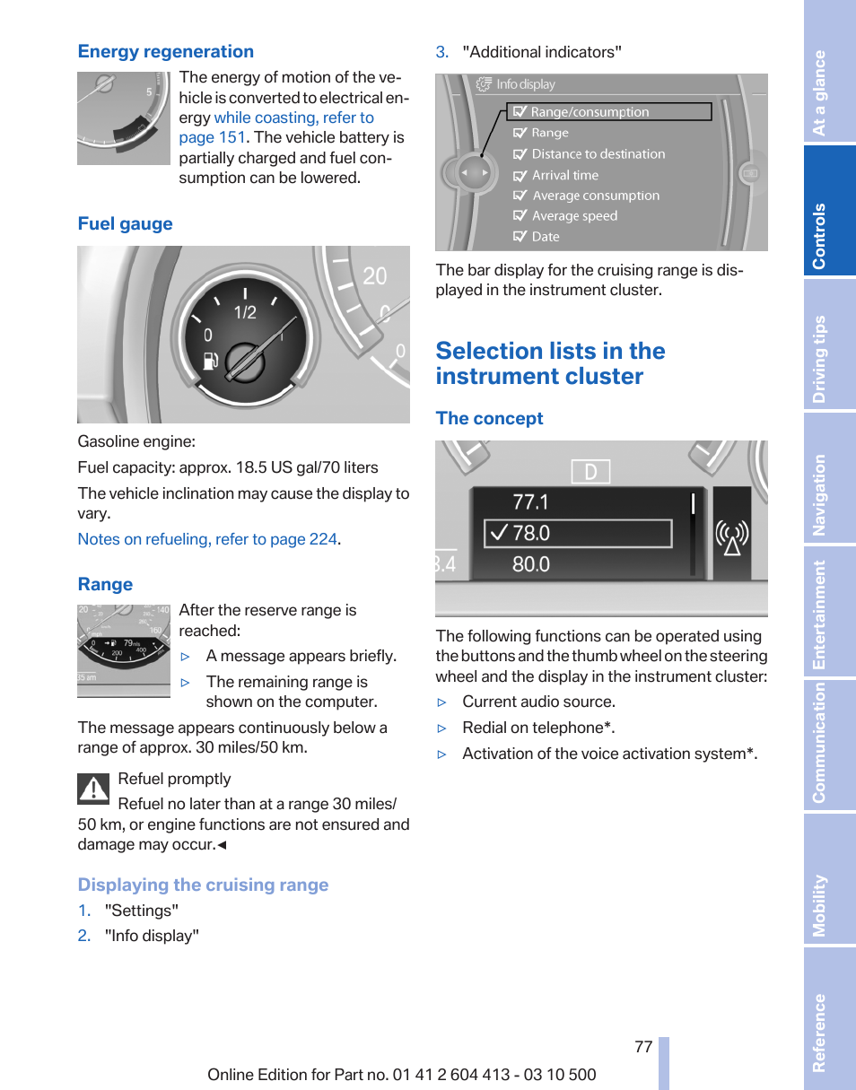 Selection lists in the instrument cluster, Fuel gauge 77, Range 77 | Selection list, e.g., radio 77 | BMW 550i xDrive Gran Turismo 2010 User Manual | Page 77 / 277