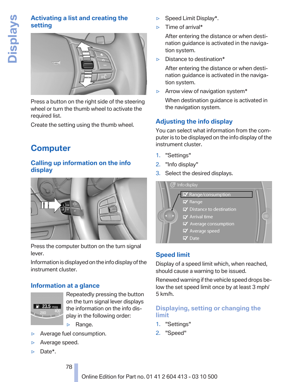 Computer, Computer* 78, Displays | BMW 550i xDrive Gran Turismo 2010 User Manual | Page 78 / 277