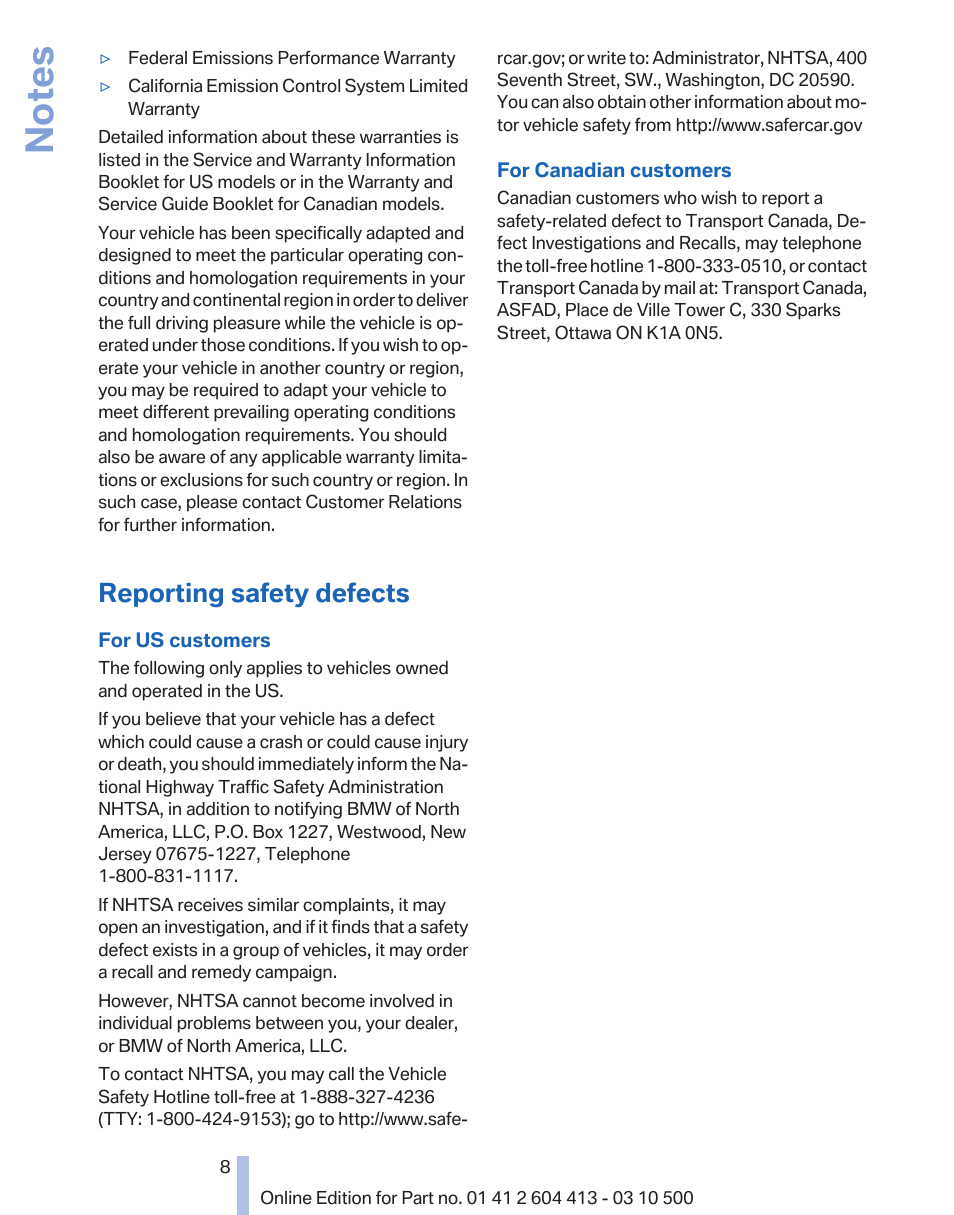 Reporting safety defects | BMW 550i xDrive Gran Turismo 2010 User Manual | Page 8 / 277