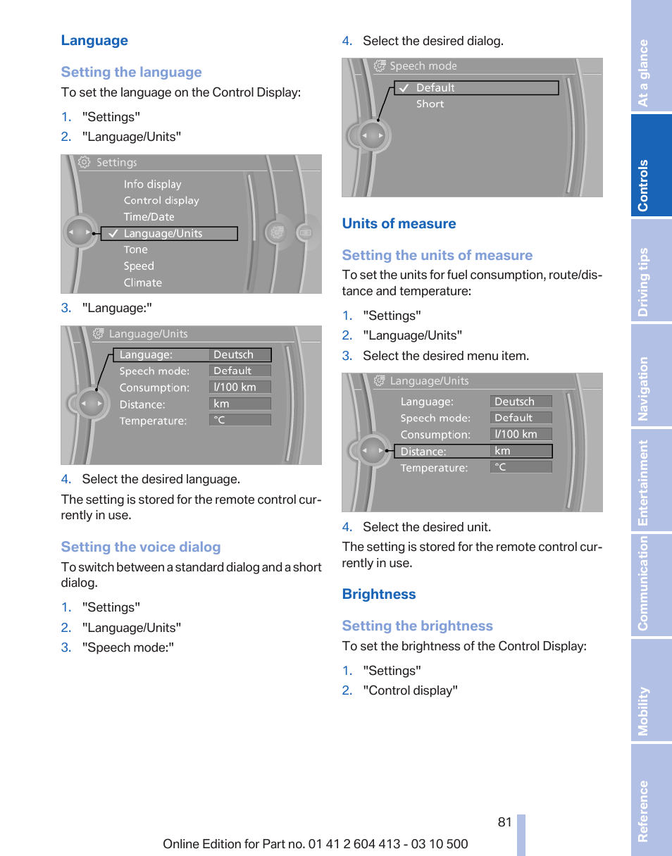 Language on the control display, refer to | BMW 550i xDrive Gran Turismo 2010 User Manual | Page 81 / 277