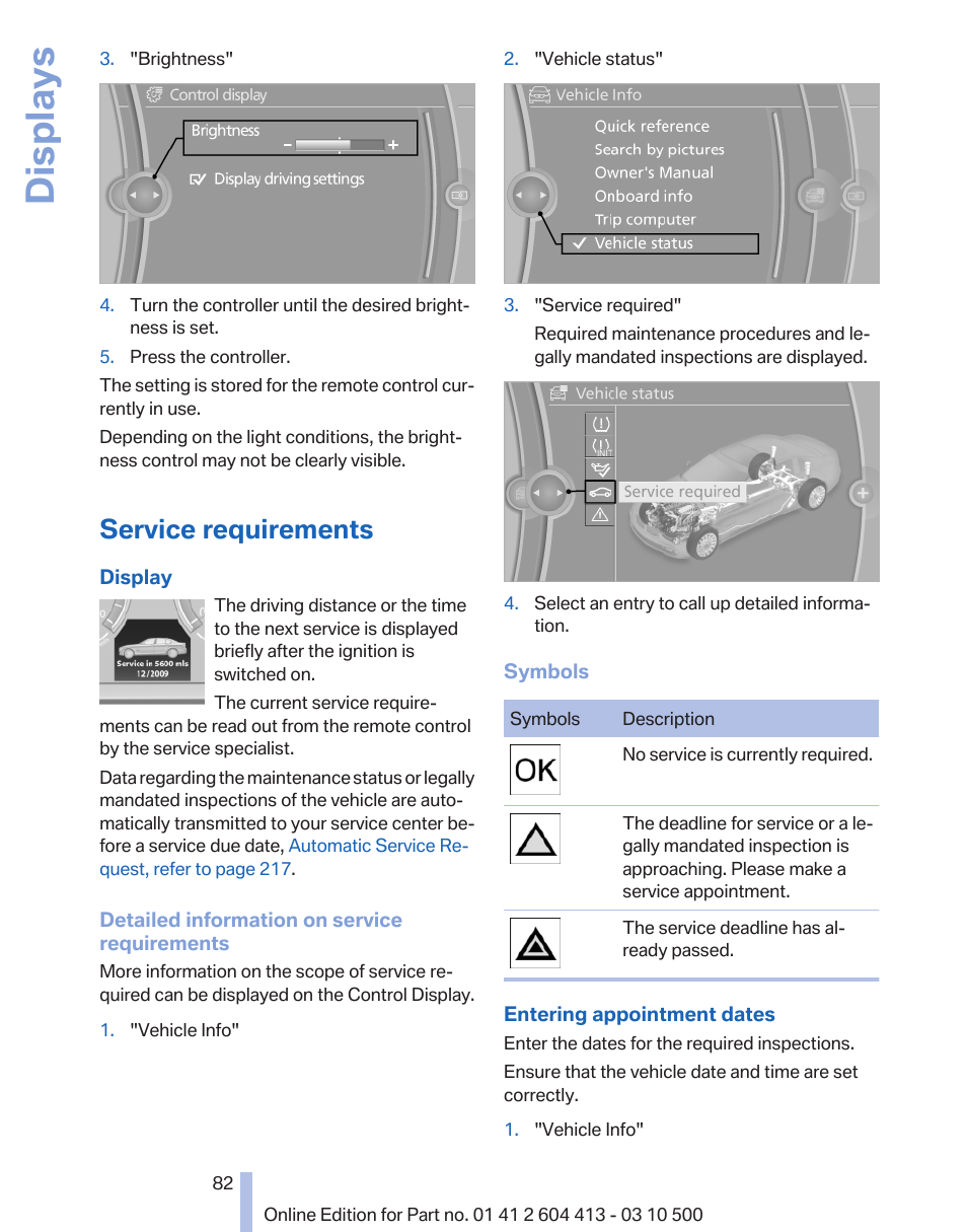 Service requirements, Service display 82, Displays | BMW 550i xDrive Gran Turismo 2010 User Manual | Page 82 / 277