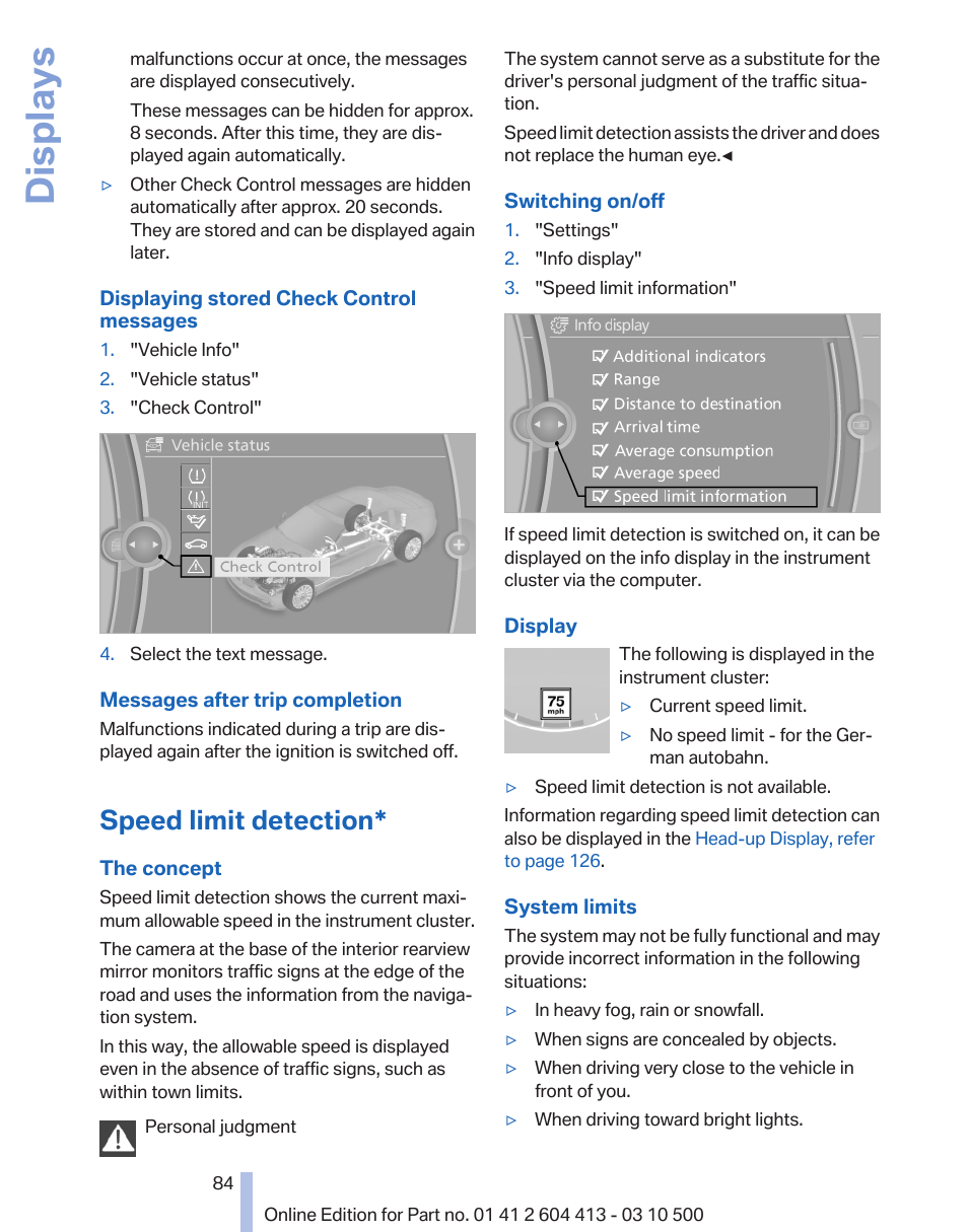 Speed limit detection, Displays | BMW 550i xDrive Gran Turismo 2010 User Manual | Page 84 / 277