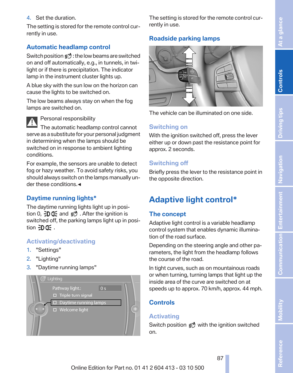 Adaptive light control, Roadside parking lamps 87 | BMW 550i xDrive Gran Turismo 2010 User Manual | Page 87 / 277