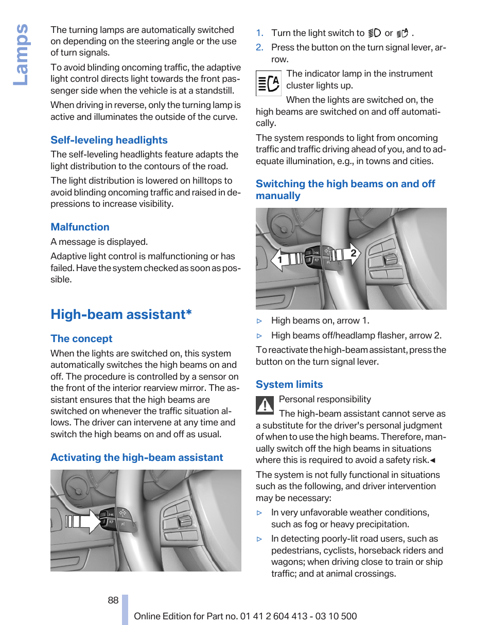 High-beam assistant, High-beam assistant* 88, Lamps | BMW 550i xDrive Gran Turismo 2010 User Manual | Page 88 / 277