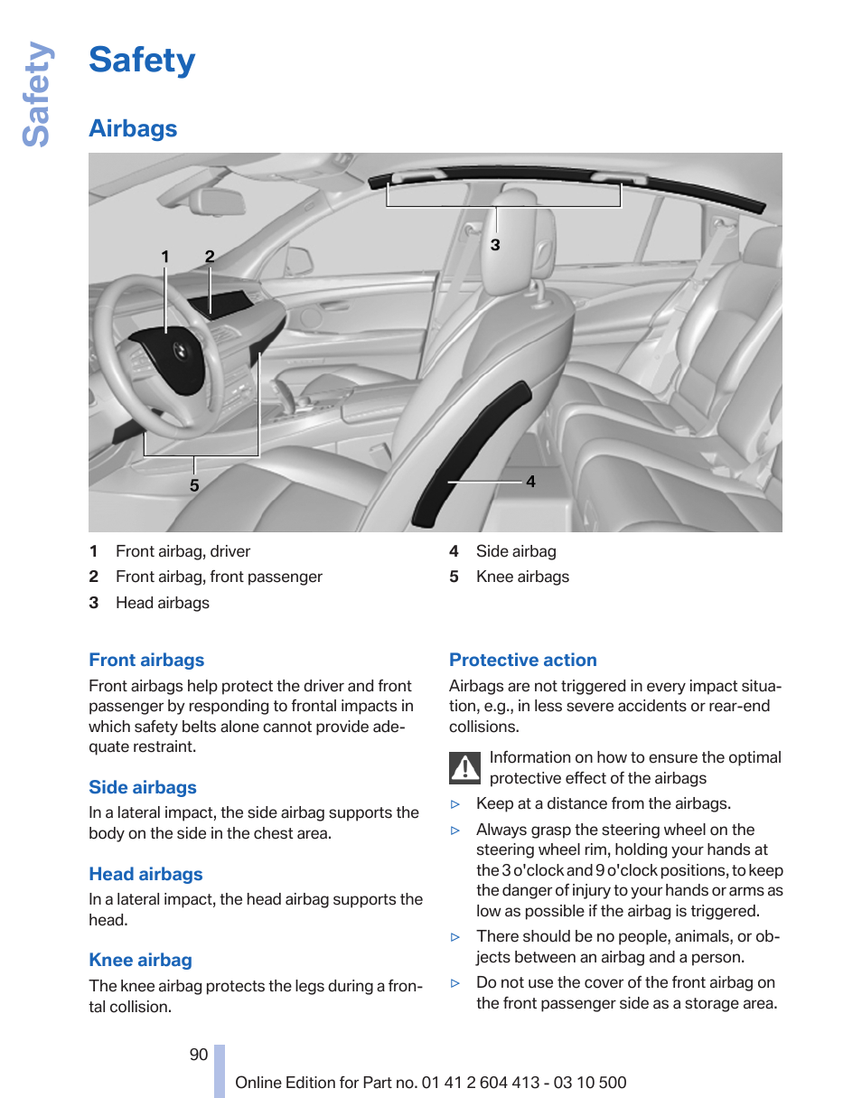 Safety, Airbags | BMW 550i xDrive Gran Turismo 2010 User Manual | Page 90 / 277