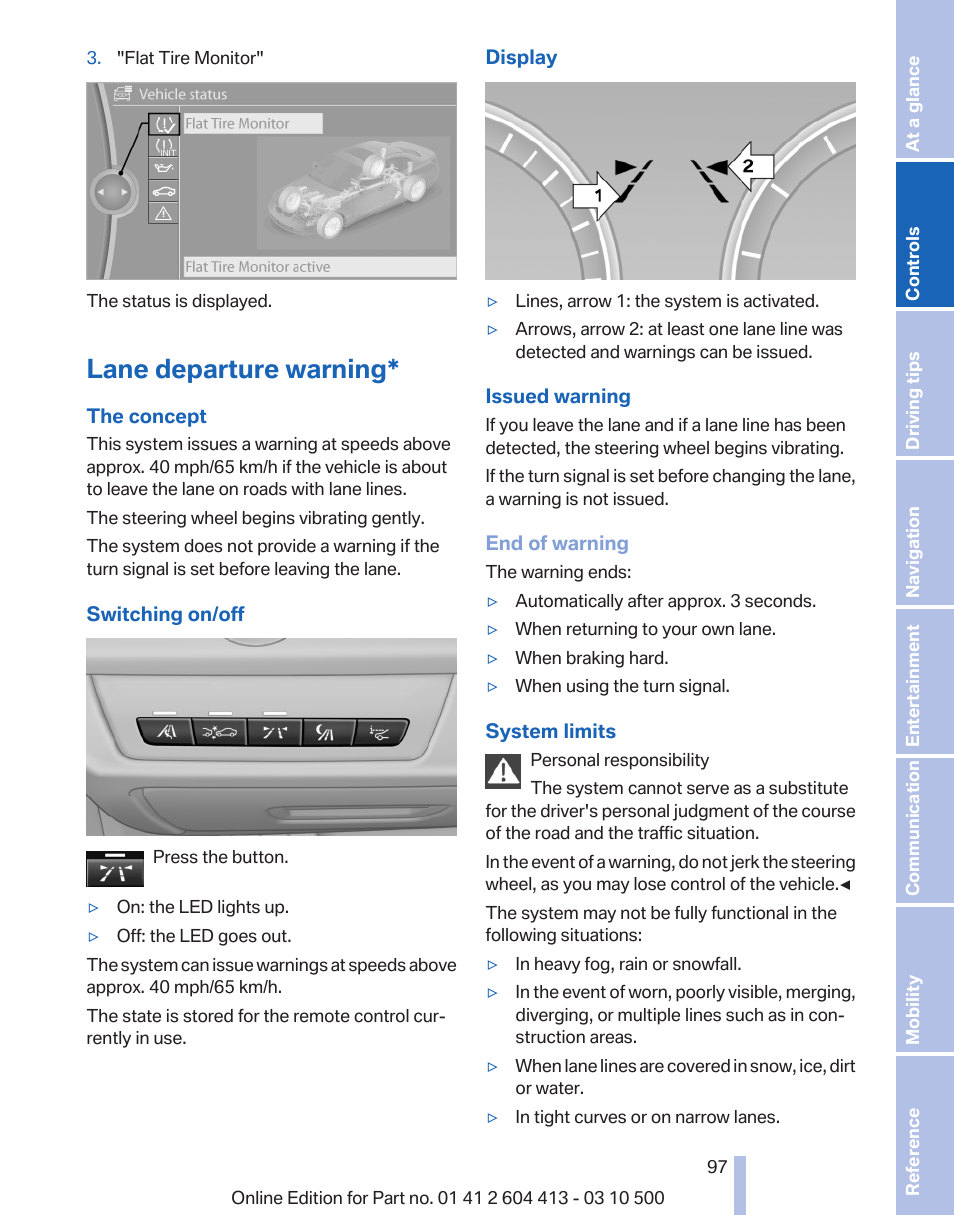 Lane departure warning, Lane departure warning* 97 | BMW 550i xDrive Gran Turismo 2010 User Manual | Page 97 / 277