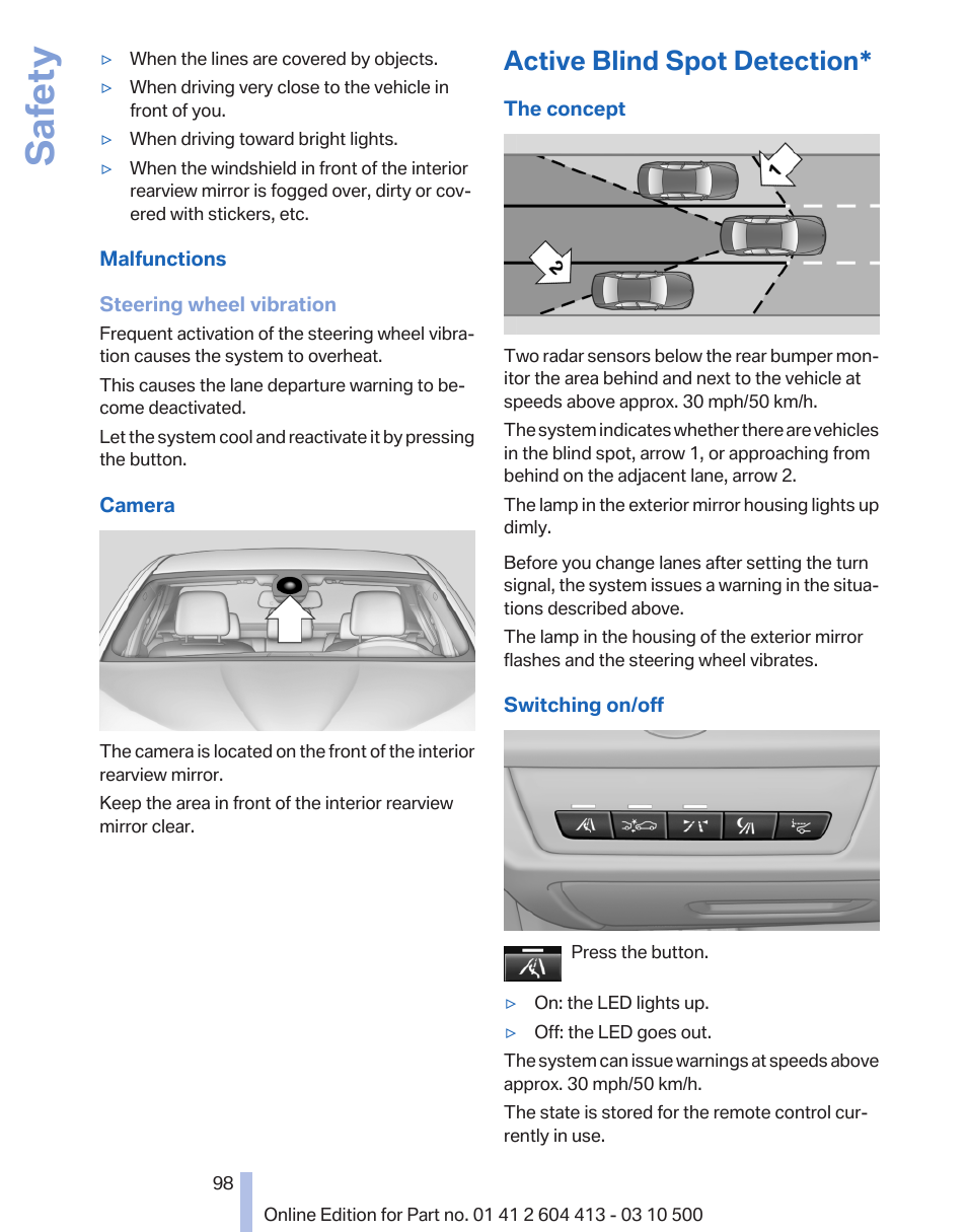 Active blind spot detection, Active blind spot detec‐ tion* 98, Active blind spot detection, refer to | Last setting, on/off, Safety | BMW 550i xDrive Gran Turismo 2010 User Manual | Page 98 / 277