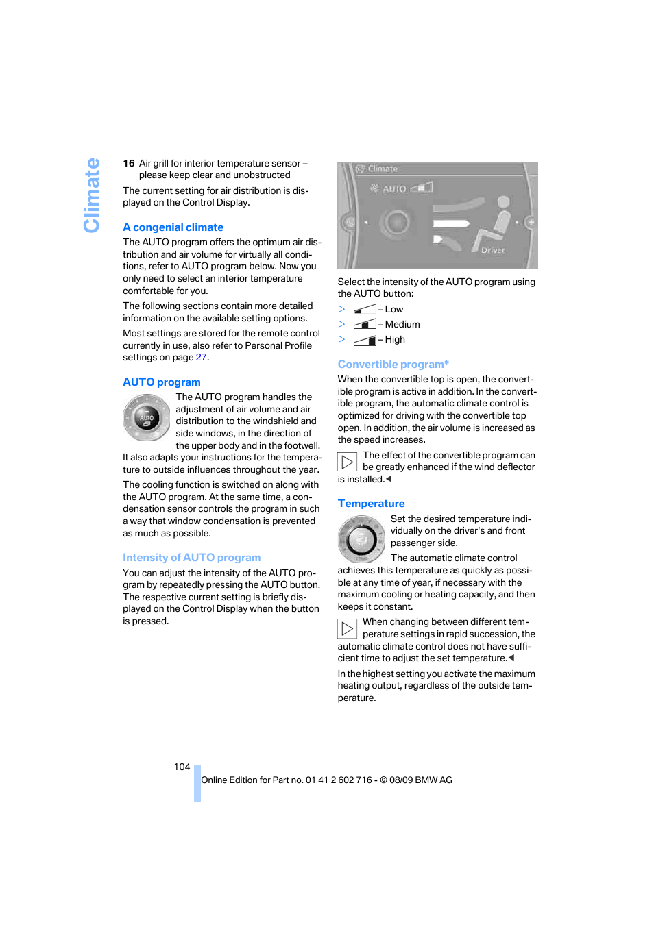 Climate | BMW 650i Convertible 2010 User Manual | Page 106 / 252