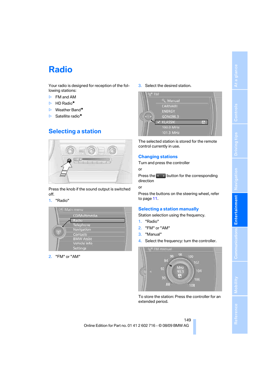 Radio, Selecting a station | BMW 650i Convertible 2010 User Manual | Page 151 / 252